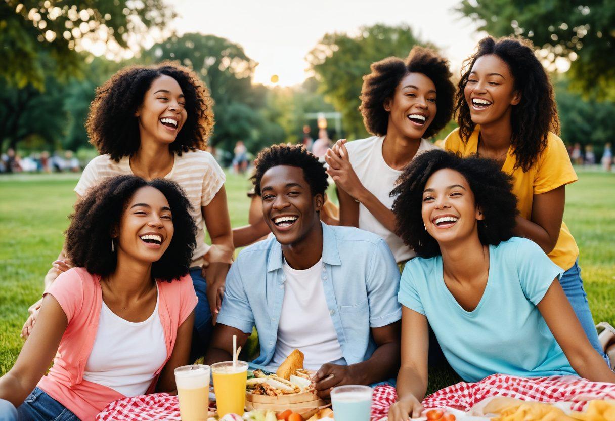 A vibrant collage of joyful film scenes showcasing diverse groups of friends laughing and sharing moments together. Include elements like an outdoor picnic, a movie night under the stars, and playful games in a sunny park. Use warm, inviting colors to create an atmosphere of happiness and connection. super-realistic. vibrant colors. dynamic composition.