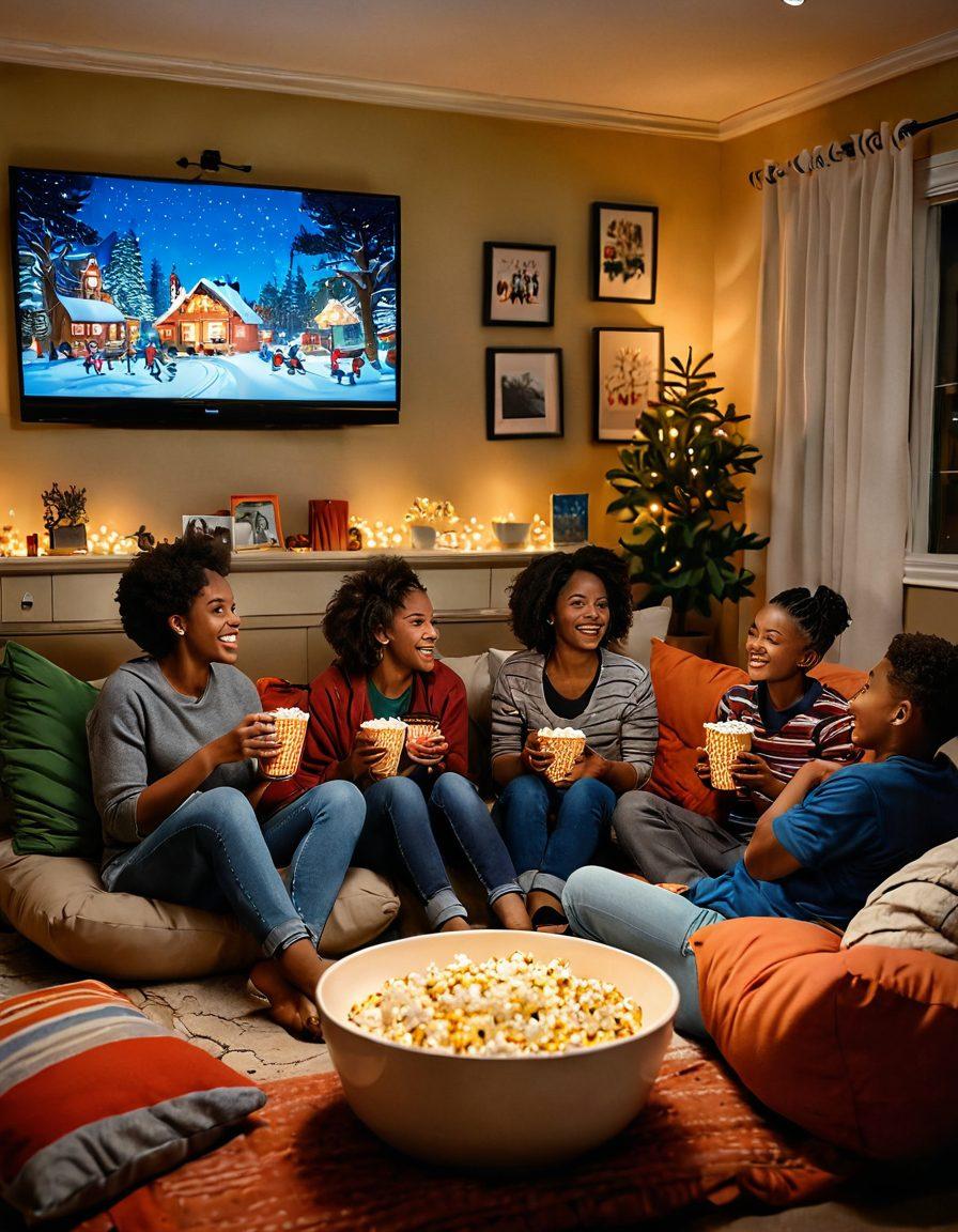 A cozy living room filled with family members of diverse backgrounds enjoying a movie night, complete with popcorn and colorful blankets. The room is brightly lit with fairy lights, and a large screen displays a hilarious animated scene. Laughter is evident on their faces, creating an atmosphere of joy and togetherness. The decor features whimsical movie posters and playful elements that represent light-hearted adventures. vibrant colors. cozy ambiance. cartoonish style.