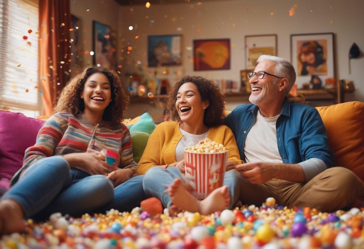 A joyful family gathered in a cozy living room, watching a classic movie on a big screen, with laughter and smiles all around. The room is filled with warm lighting and colorful movie posters, popcorn bowls, and plush toys. Show a mix of generations, from grandparents to kids, enjoying each other's company. Include visual elements that suggest fun and joy like comic speech bubbles and colorful confetti floating in the air. vibrant colors. super-realistic.